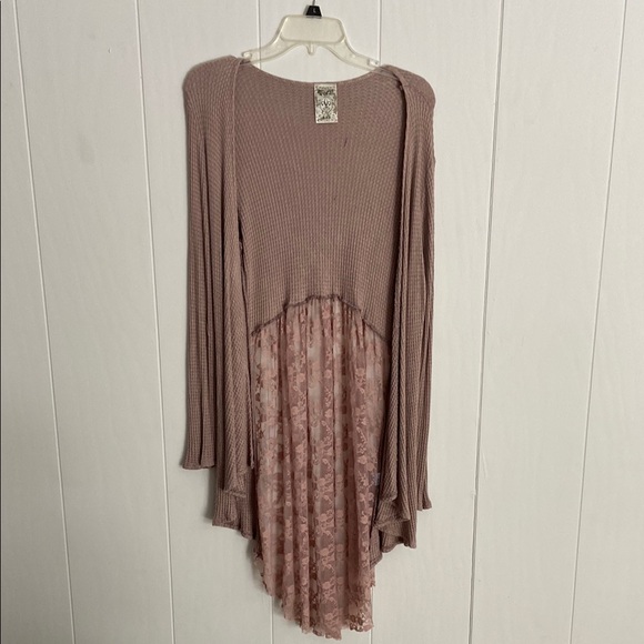 Vocal Dresses & Skirts - Mauve Waffle Knit and Lace Hi-Lo Cardigan